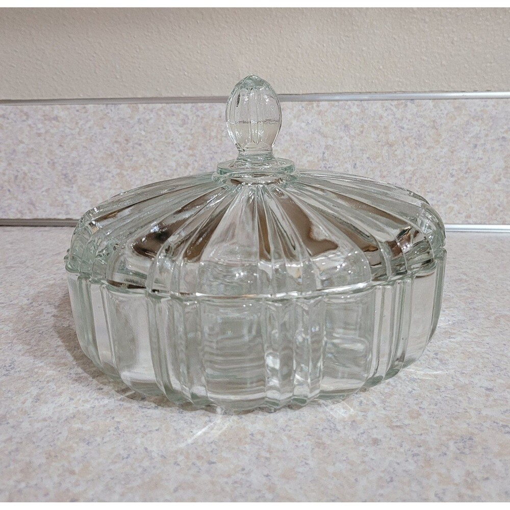 Anchor Hocking Clear Old Cafe Glass Candy Dish Spiderweb Bottom with Lid